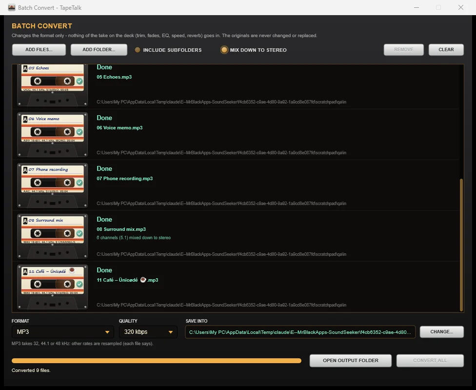 The real Batch Convert window showing completed AAC and 5.1-to-stereo conversions